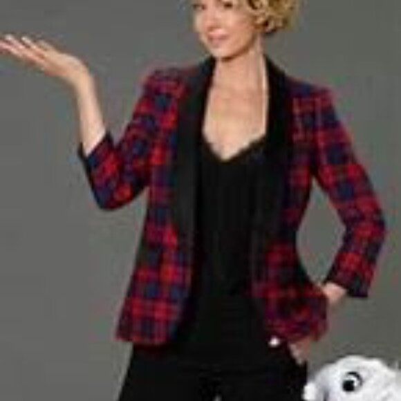 Smythe Womens Red Plaid Blazer Slim Fit Wool‎ Tuxedo Blazer Surgeon Cuffs Size 4 - Picture 1 of 16
